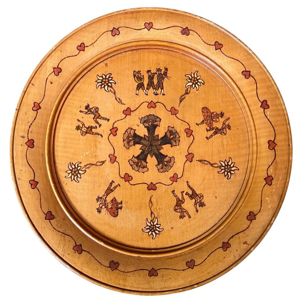 Vintage Wooden Art Decorative Plate Hand Carved And Painted Signed 12"